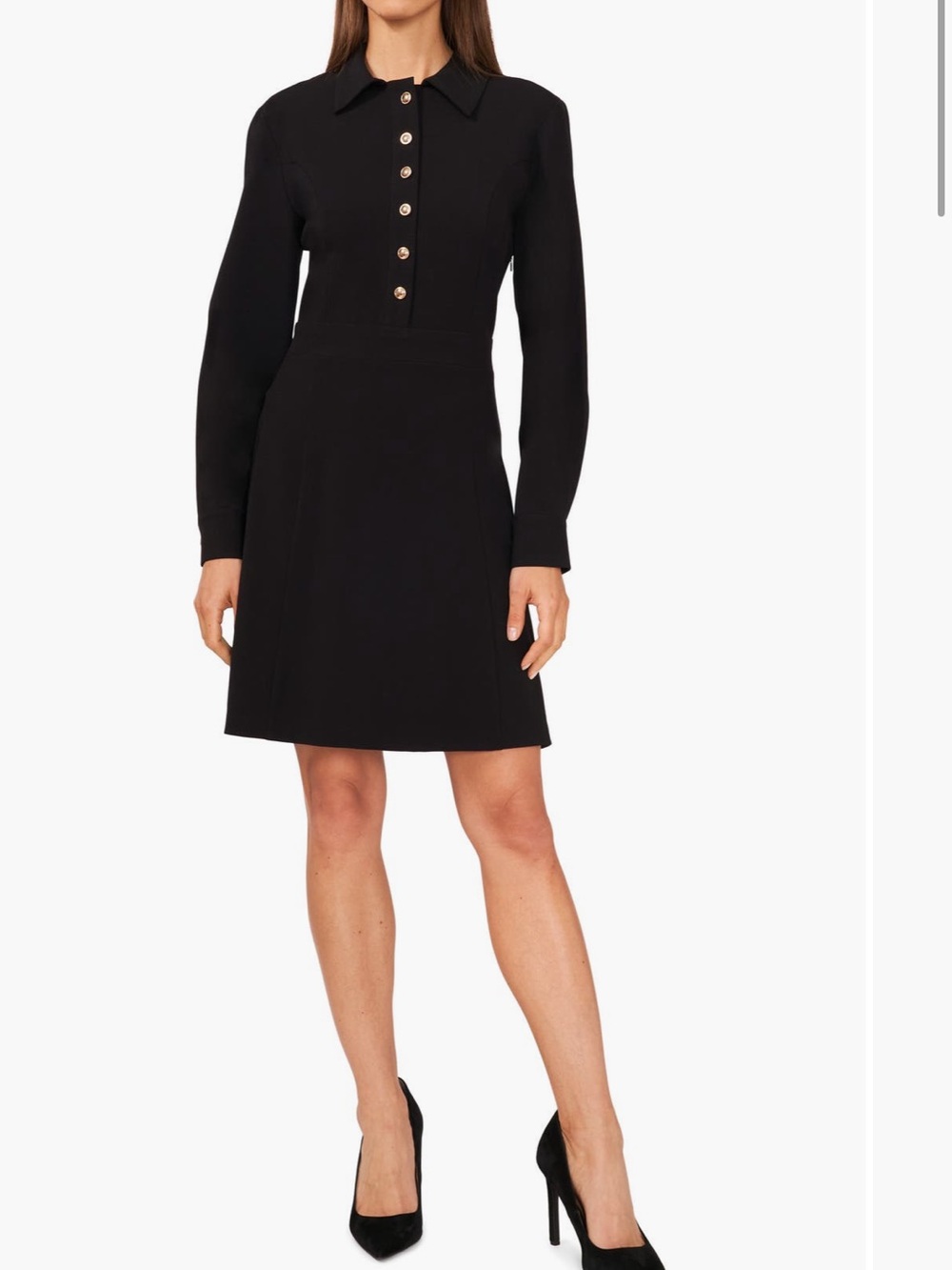 Halogen Button Front Long Sleeve Black A-Line Dress